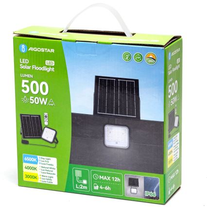 Balenie solárneho LED svetla s 500 lumenmi a výkonom 50 W. Svetlo je zobrazené s nabíjacím solárnym panelom a diaľkovým ovládaním. Balenie uvádza technické parametre a stupeň krytia IP66.