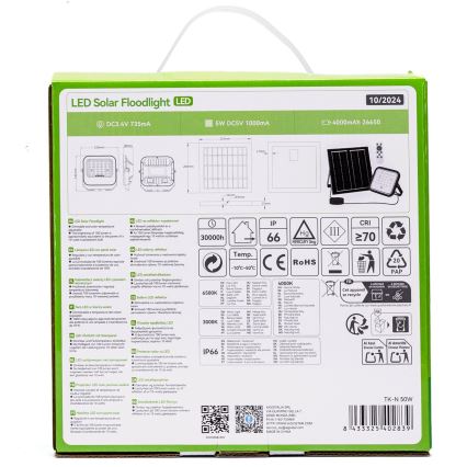 Balenie LED solárneho reflektora zobrazuje technické parametre: napätie, kapacitu batérie, odolnosť proti vode (IP66), farebnú teplotu (3000K a 6500K), životnosť (30000 hodín) a ďalšie detaily. Na zadnej strane je uvedený aj kód produktu TK-N 50W.