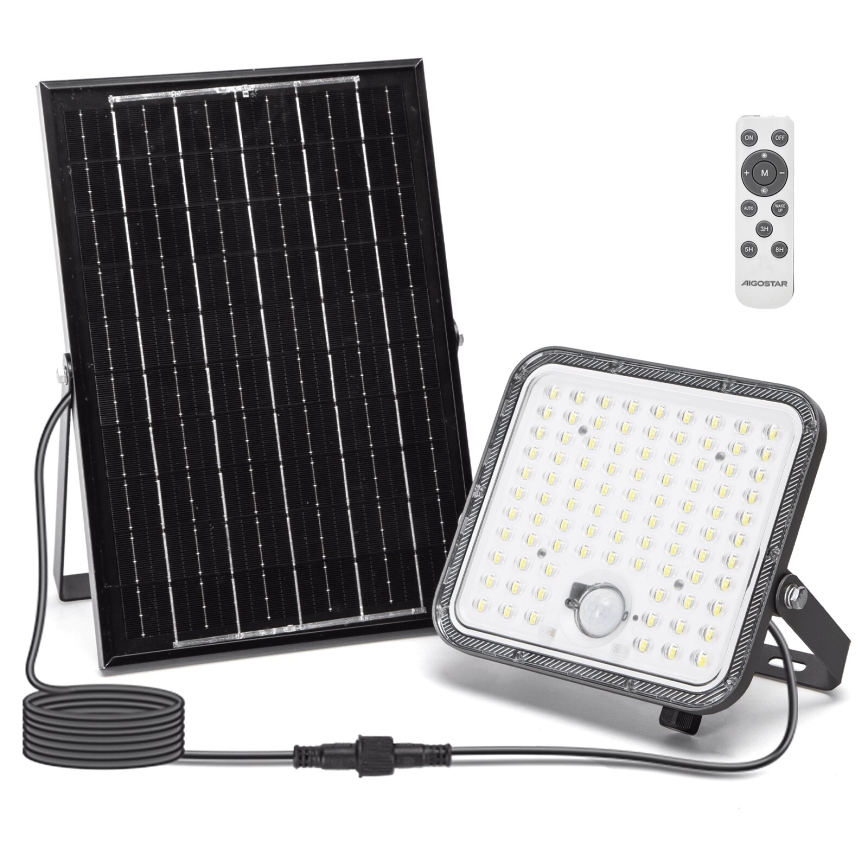 Solárny panel s LED reflektorom a diaľkovým ovládaním. Reflektor má zabudovaný senzor pohybu. Súčasťou je aj pripájací kábel.