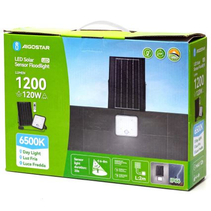 Balenie solárneho LED reflektoru s detektorom pohybu. Reflektor má 1200 lúmenov a 120W. Balenie obsahuje diaľkové ovládanie, je zelené a zobrazuje technické detaily a rozmery.