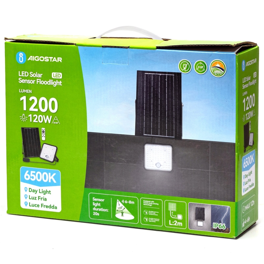 Balenie solárneho LED reflektoru s detektorom pohybu. Reflektor má 1200 lúmenov a 120W. Balenie obsahuje diaľkové ovládanie, je zelené a zobrazuje technické detaily a rozmery.