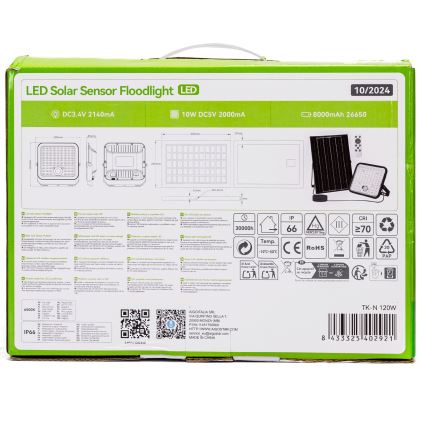 LED solárne reflektorové svetlo s detektorom pohybu je zabalené v kartónovej krabici. Krabica obsahuje technické parametre: DC3,4V 2140mA, 10W DC5V 2000mA, 8000mAh 26650. TK-N 120W.