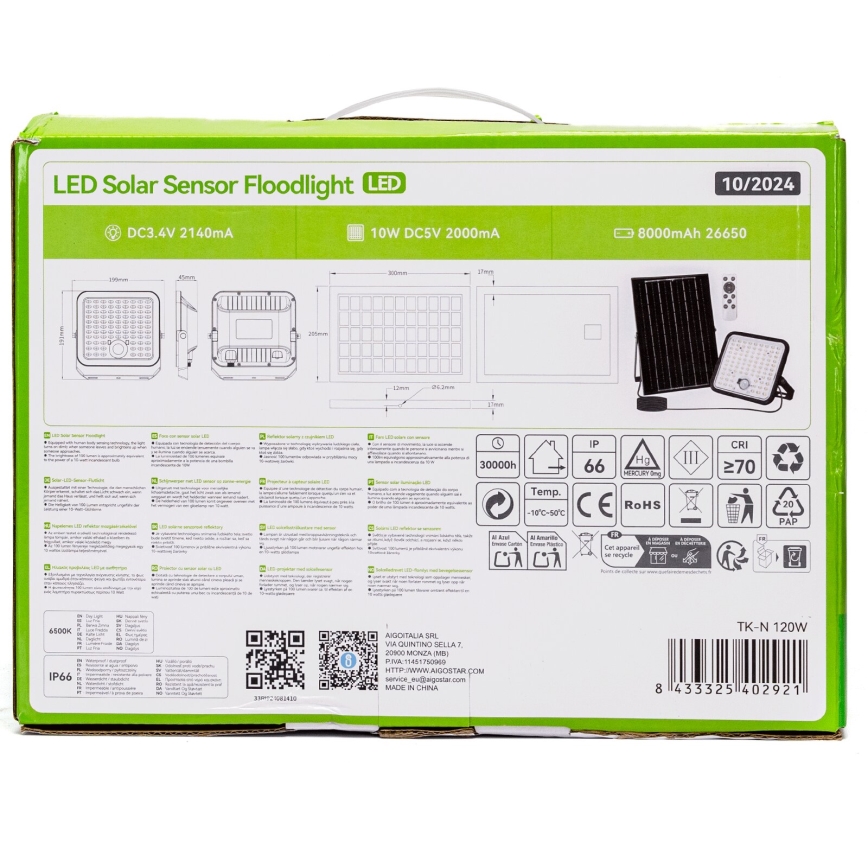 LED solárne reflektorové svetlo s detektorom pohybu je zabalené v kartónovej krabici. Krabica obsahuje technické parametre: DC3,4V 2140mA, 10W DC5V 2000mA, 8000mAh 26650. TK-N 120W.