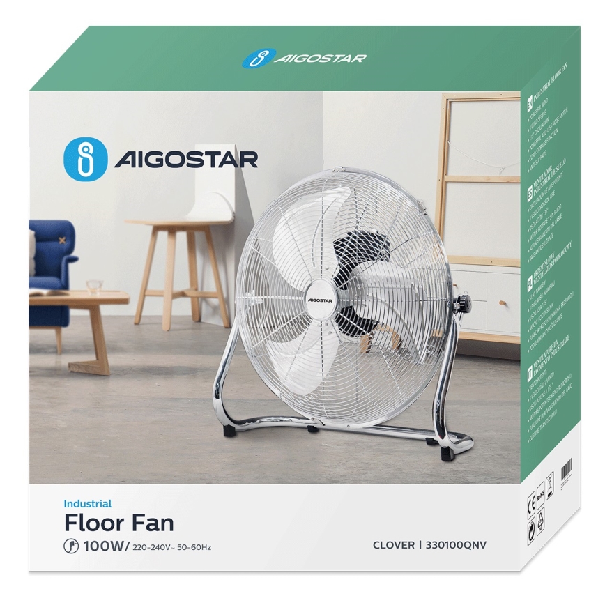 Stolový ventilátor s kovovou konštrukciou stojí na podlahe v obývacej izbe. Ventilátor sa otáča. Na balení je uvedené: Industrial Floor Fan 100W/ 220-240V - 50-60Hz, CLOVER I 330100QNV.