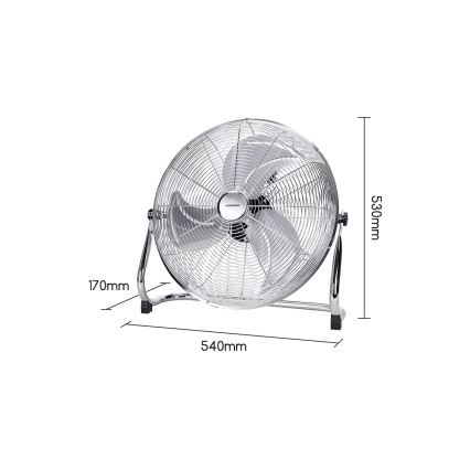 Stolový ventilátor s kovovou konštrukciou stojí na podstavci. Rozmery: výška 530 mm, šírka 540 mm, hĺbka 170 mm.
