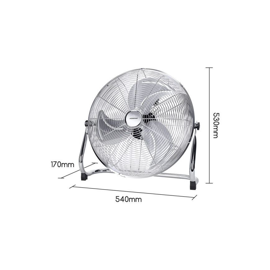 Stolový ventilátor s kovovou konštrukciou stojí na podstavci. Rozmery: výška 530 mm, šírka 540 mm, hĺbka 170 mm.