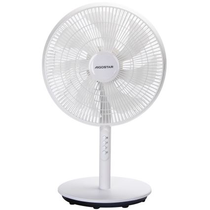 Biely stolový ventilátor značky AEGostar stojí v spálni pred posteľou. Ventilátor sa nachádza na svetlom koberci. Steny sú zelené.
