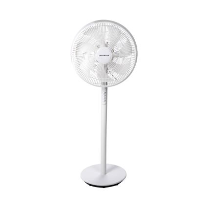 Stolový ventilátor s bielym telom a kruhovými vrtuľami sa nachádza na bielom podstavci. Na stĺpiku ventilátora je umiestnený ovládací panel. LOGO: ADDOSTAR.