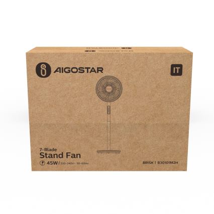 Stolový ventilátor s 7 lopatkami je zobrazený na kartónovej krabici. Krabica je hnedá a obsahuje názov výrobcu Aigostar a model Brisk B30101M2H. Ventilátor má výkon 45W a pracuje pri 220-240V, 50-60Hz.