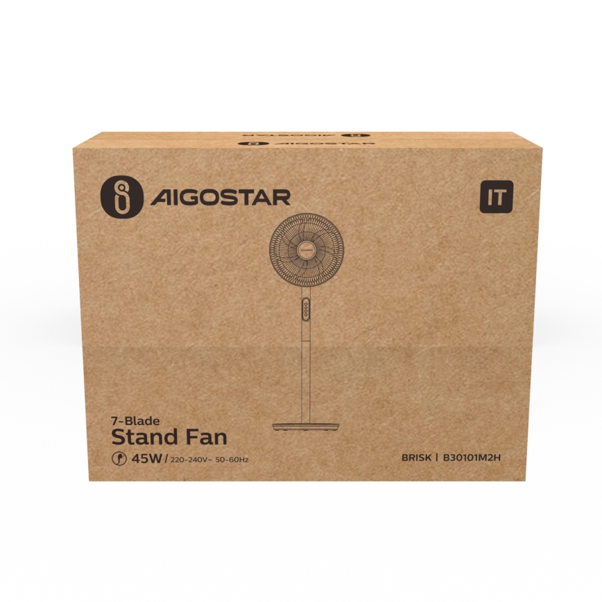 Stolový ventilátor s 7 lopatkami je zobrazený na kartónovej krabici. Krabica je hnedá a obsahuje názov výrobcu Aigostar a model Brisk B30101M2H. Ventilátor má výkon 45W a pracuje pri 220-240V, 50-60Hz.