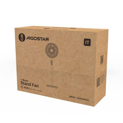 Stolový ventilátor s 7 lopatkami je zobrazený na kartónovej krabici. Krabica obsahuje názov výrobcu AIGOSTAR a technické údaje: 45W, 220-240V, 50-60Hz, model B30101M2H.