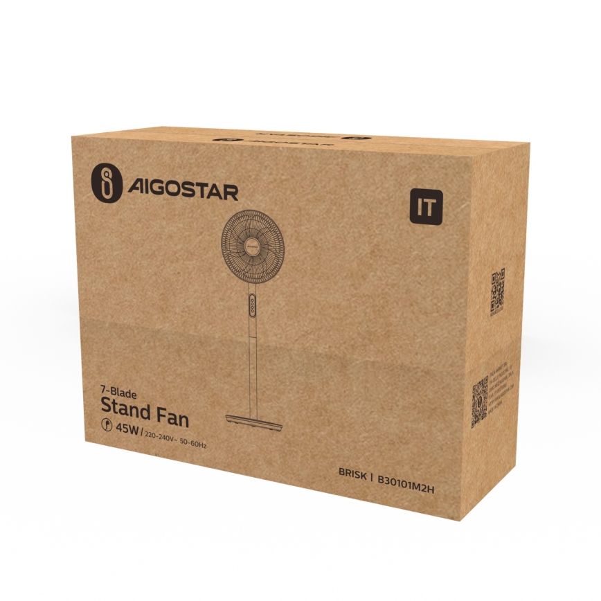 Stolový ventilátor s 7 lopatkami je zobrazený na kartónovej krabici. Krabica obsahuje názov výrobcu AIGOSTAR a technické údaje: 45W, 220-240V, 50-60Hz, model B30101M2H.