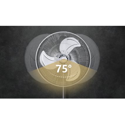 Stolový ventilátor s trojlistými lopatkami osvetľuje 75° uhol osvetlenia. Ventilátor je umiestnený na tmavosivom podklade.