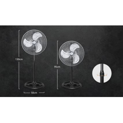 Dva stojanové ventilátory s priemerom 50 cm na základni; výška 130 cm a 95 cm. Ventilátory majú tri lopaty a čierny stojan. Nastaviteľná výška stĺpika.