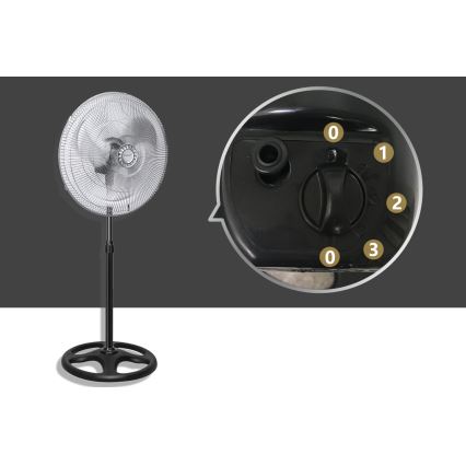 Stolový ventilátor s troma rýchlosťami (0, 1, 2, 3) stojí na čiernom podstavci. Ventilátor má priehľadné ochranné krídla.