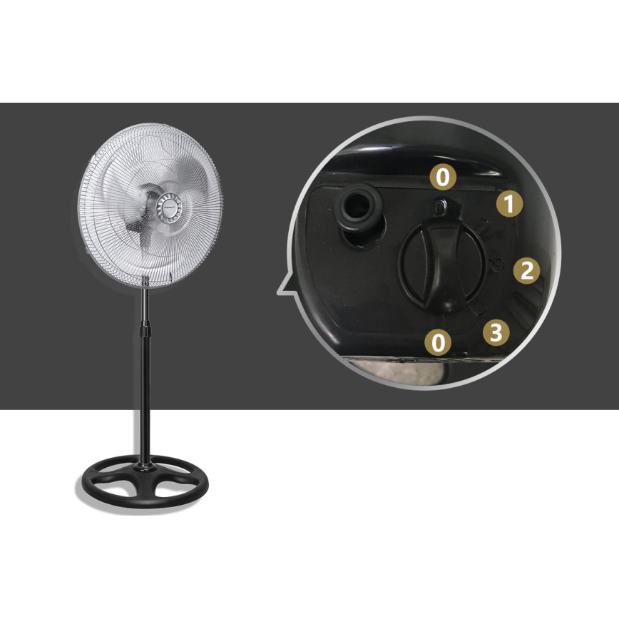 Stolový ventilátor s troma rýchlosťami (0, 1, 2, 3) stojí na čiernom podstavci. Ventilátor má priehľadné ochranné krídla.
