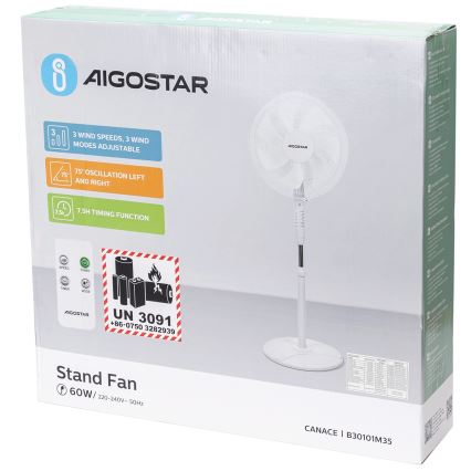 Aigostar - Stojanový ventilátor 60W/230V biela + diaľkové ovládanie