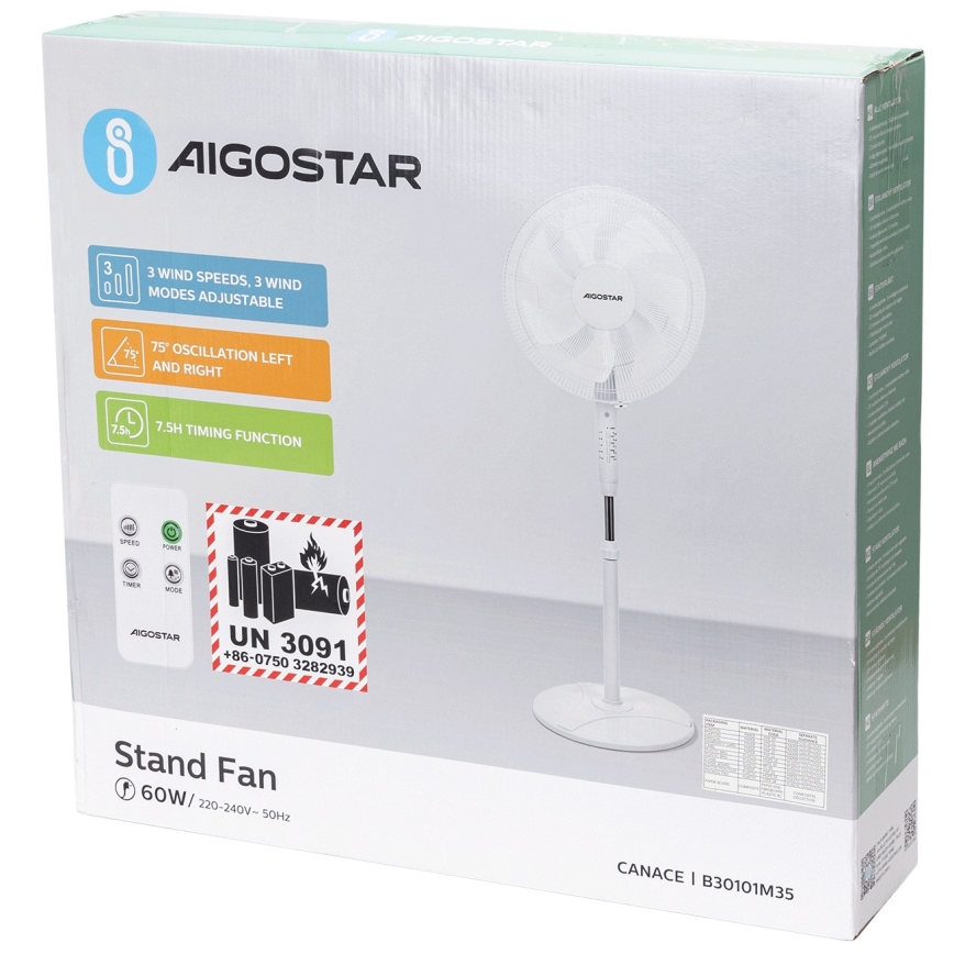 Aigostar - Stojanový ventilátor 60W/230V biela + diaľkové ovládanie