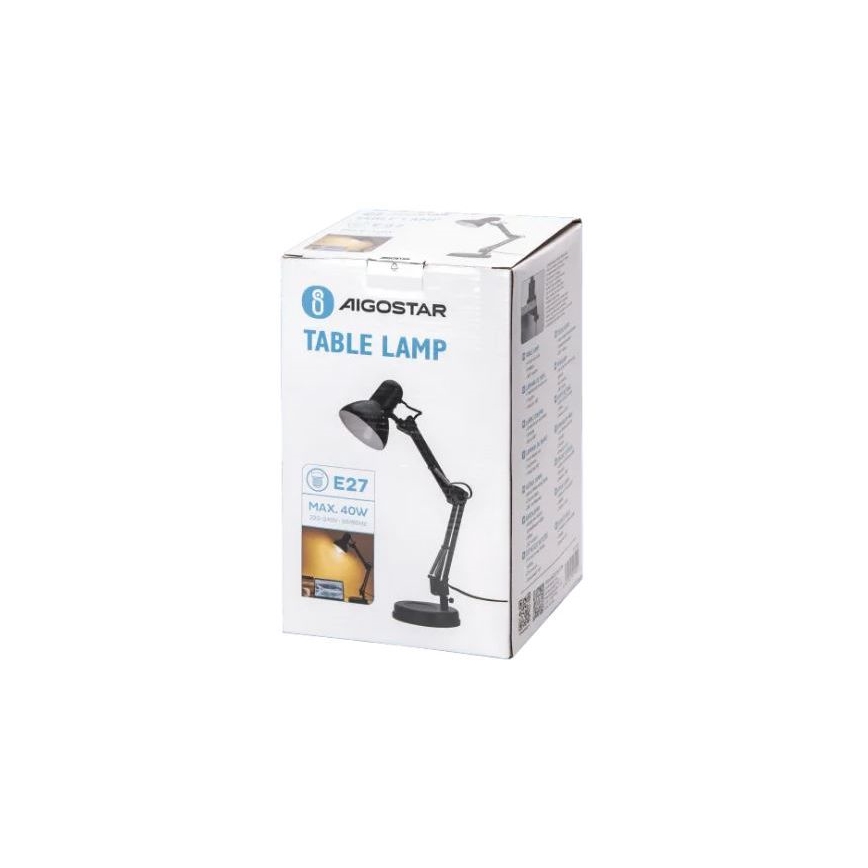 Stolová lampa – nachádza sa v kartónovej krabici s označením „AIGOSTAR TABLE LAMP“, „E27“, „MAX. 40W“. Lampa je čierna, s nastaviteľným ramenom.