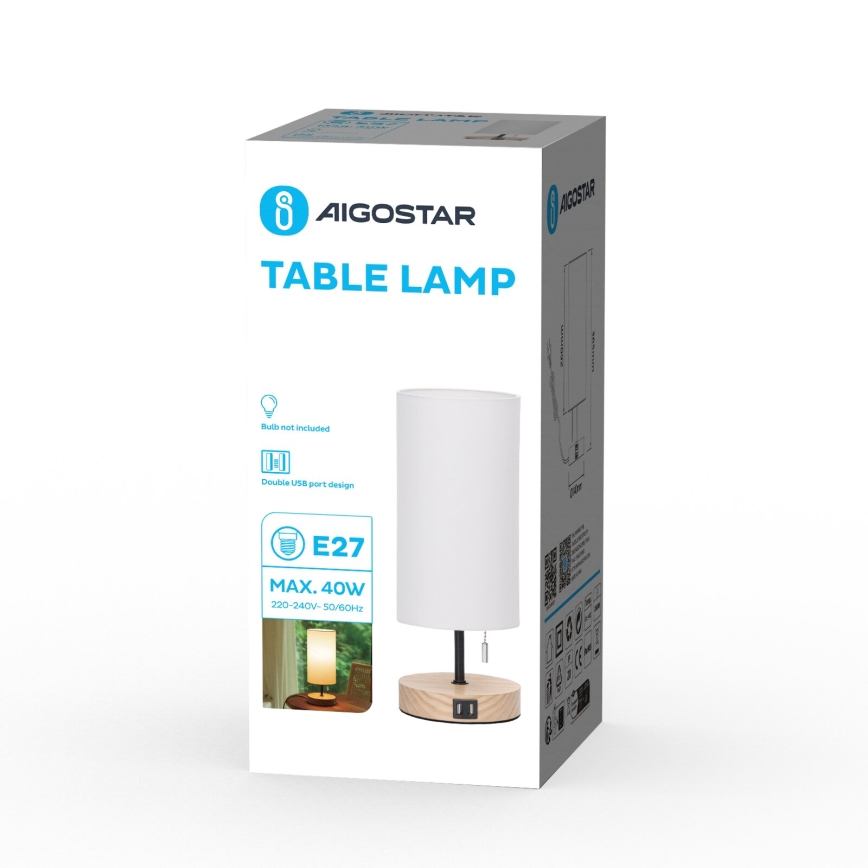 Aigostar - Stolná lampa s USB portom 1xE27/40W/230V béžová