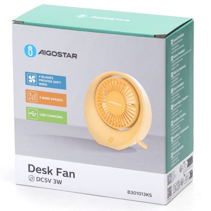 Aigostar - Stolný nabíjací ventilátor 3W/5V 1200mAh USB oranžová