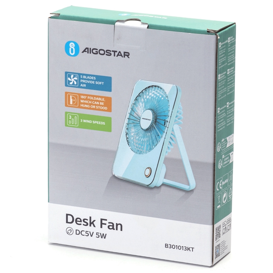 Aigostar - Stolný nabíjací ventilátor 5W/5V 3600mAh USB modrá