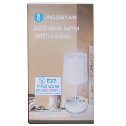 Aigostar - Stolová lampa so zásuvkami 1xE27/60W/230V biela
