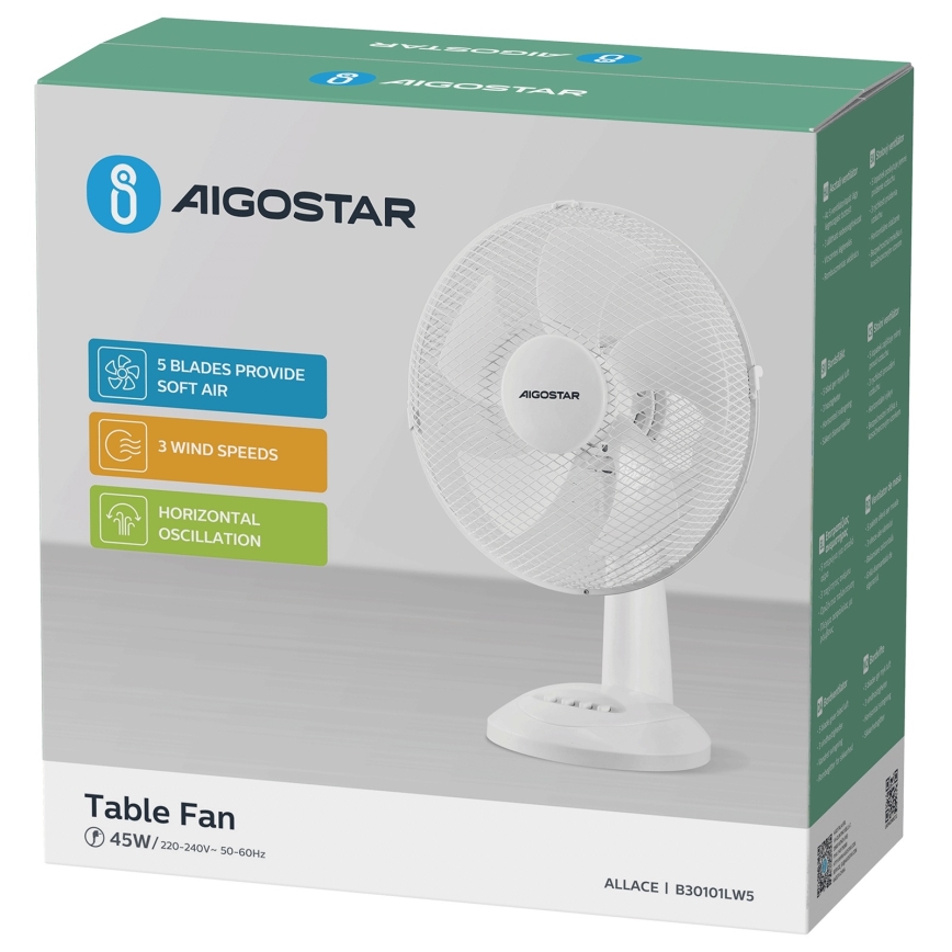 Aigostar - Stolový ventilátor 45W/230V biely