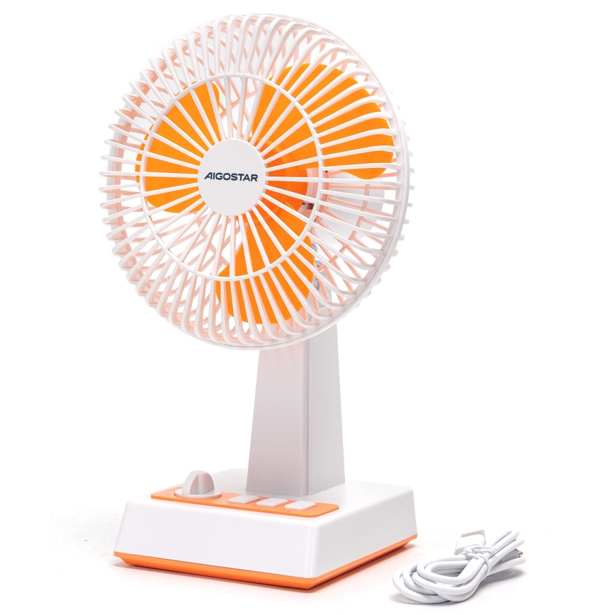 Stolný ventilátor AIGOSTAR s oranžovými lopatkami sa otáča. Má biely stojan a oranžovú základňu s ovládaním. Je pripojený k sieti pomocou kábla.