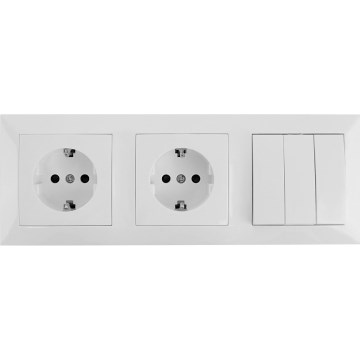 Aigostar - trojitý vypínač č. 3 a 2x zásuvky SCHUKO 230 V s rámčekom, biela