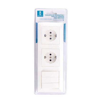Aigostar - trojitý vypínač č. 3 a 2x zásuvky SCHUKO 230 V s rámčekom, biela