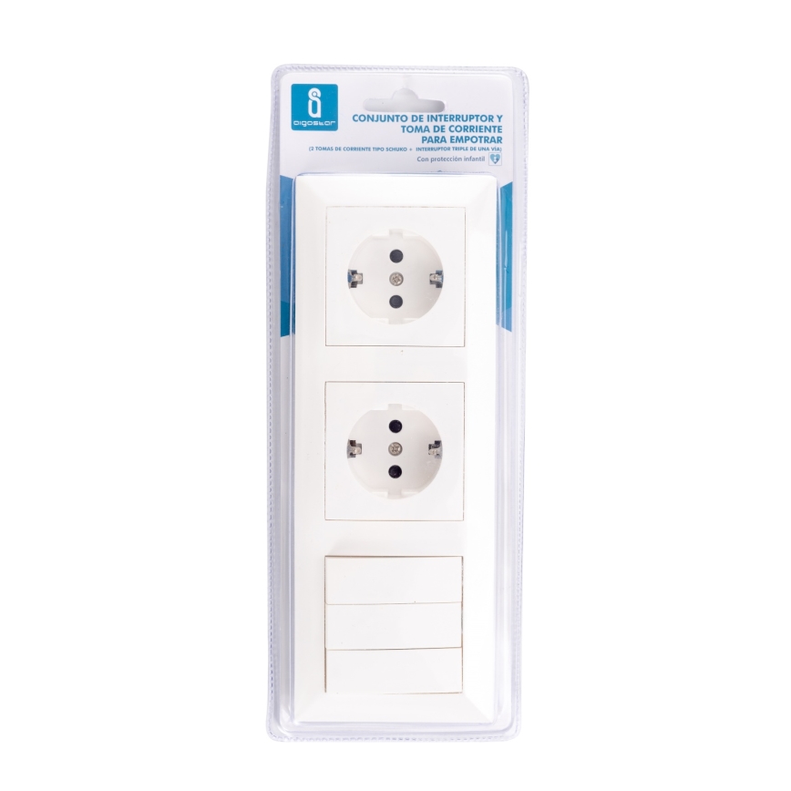 Aigostar - trojitý vypínač č. 3 a 2x zásuvky SCHUKO 230 V s rámčekom, biela