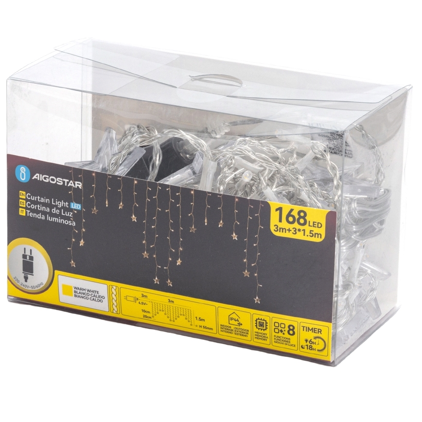 Aigostar - LED vonkajší vianočný reťazec 168 × LED / 8 režimov, 3 × 1,5 m, IP44, teplá biela, hviezdy