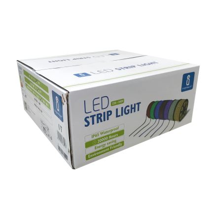 Kartón obsahuje LED pásiky svetla. Pásiky sú zrolované a farebne odlíšené. Na kartóne je uvedené: LED STRIP LIGHT, 220-240V, IP65 Waterproof, 20000 Hours, Energy saving, Environment Friendly.