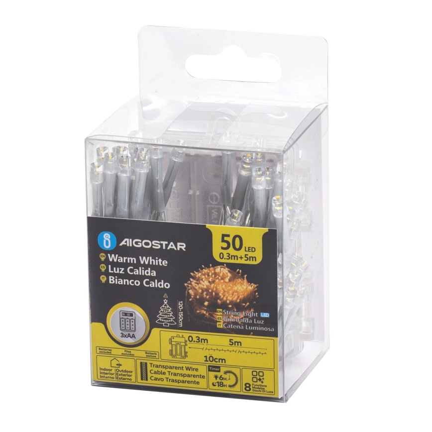 Svetlá LED s teplou bielou farbou, balené v priehľadnej krabičke. Obsahuje 50 LED diód, dĺžku kábla 0,3m + 5m, transparentný kábel. Sú vhodné pre vnútorné aj vonkajšie použitie. Napájanie 3xAA batériami.