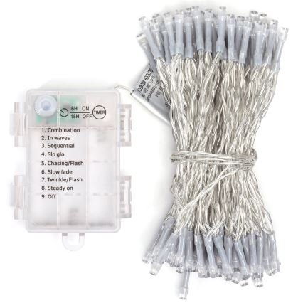 Svietiace LED diódy na tenkom kábli sú zbalené. Batériový box s prepínačom ponúka deväť svetelných režimov (kombinácia, vlny, sekvenčné, pomalé svietenie, prenasledovanie/blesk, pomalé zhasínanie, blikanie/blesk, stále svietenie, vypnuté), časovač na 6 alebo 18 hodín.