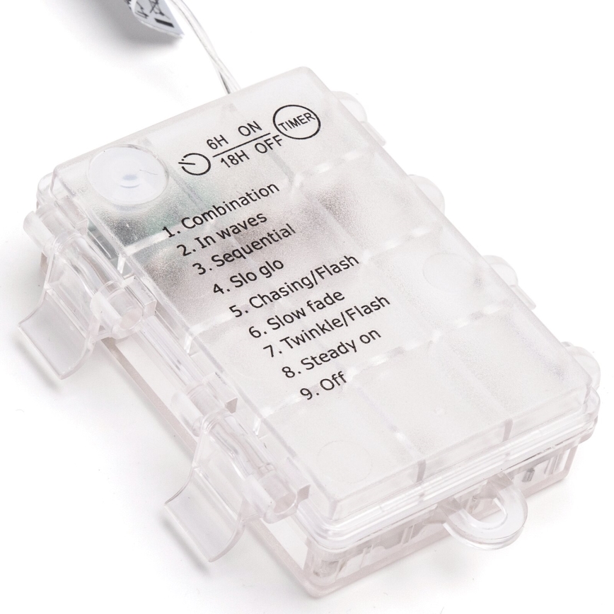 Priehľadná plastová krabička s elektronikou zobrazuje deväť svetelných režimov: kombinácia, vlny, sekvenčné, pomalé svietenie, prenasledovanie/blesk, pomalé zhasínanie, blikanie/blesk, stále svietenie a vypnuté. Funkcia časovača: 6 hodín zapnuté, 18 hodín vypnuté.