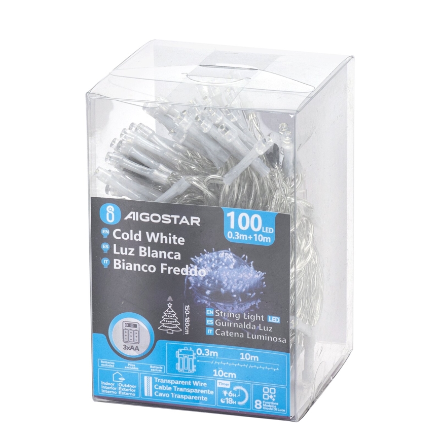 Svetelný reťaz s 100 LED diódami v studenej bielej farbe, zabalený v priehľadnom plastovom obale. Dĺžka kábla je 10 metrov plus 0,3m. Balenie obsahuje informácie v angličtine, španielčtine a taliančtine.