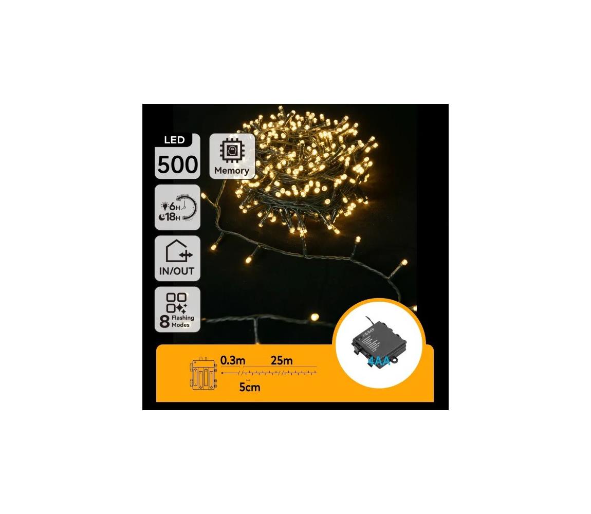 B.V. - Vonkajší LED svetelný reťazec 500xLED/8 funkcií 4xAA 25,3 m teplá biela B10303KX6