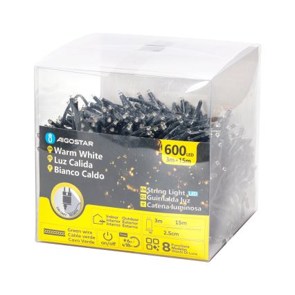 Svetlená reťaz s 600 LED diódami, zabalená v priehľadnej krabičke. Reťaz je dlhá 18 metrov (3m + 15m predlženie) s teplým bielym svetlom. Kábel je zelený.