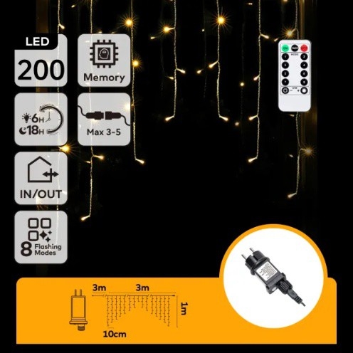 Aigostar - vonkajší LED vianočný svetelný reťazec 200xLED/6W/230V/8 funkcií 3x1m IP44 teplá biela + diaľkové ovládanie