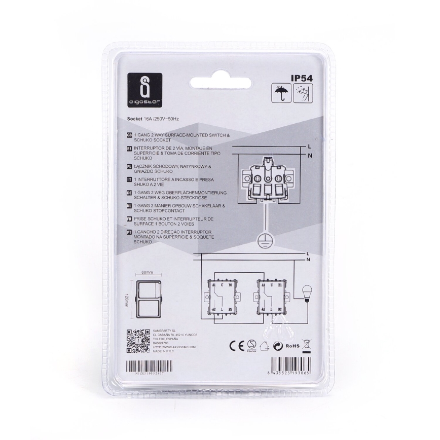 Aigostar - Vonkajší spínač 1P so zásuvkou 1x16A/250V IP54 SCHUKO