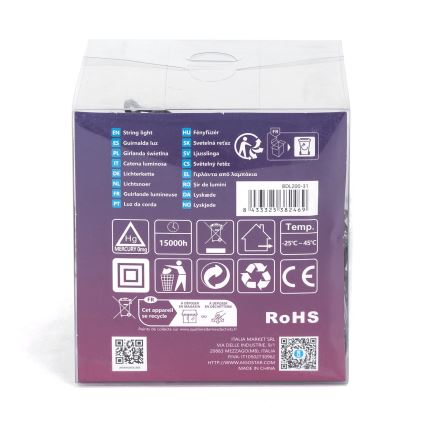 Balenie svetelného reťazca, označenie s technickými údajmi a symbolmi recyklácie, vyrobené v Číne. BDL200-31, 15000h, -25°C - 45°C.