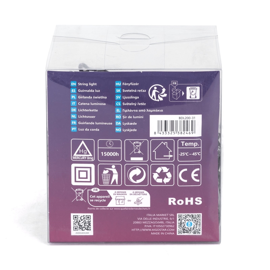 Balenie svetelného reťazca, označenie s technickými údajmi a symbolmi recyklácie, vyrobené v Číne. BDL200-31, 15000h, -25°C - 45°C.