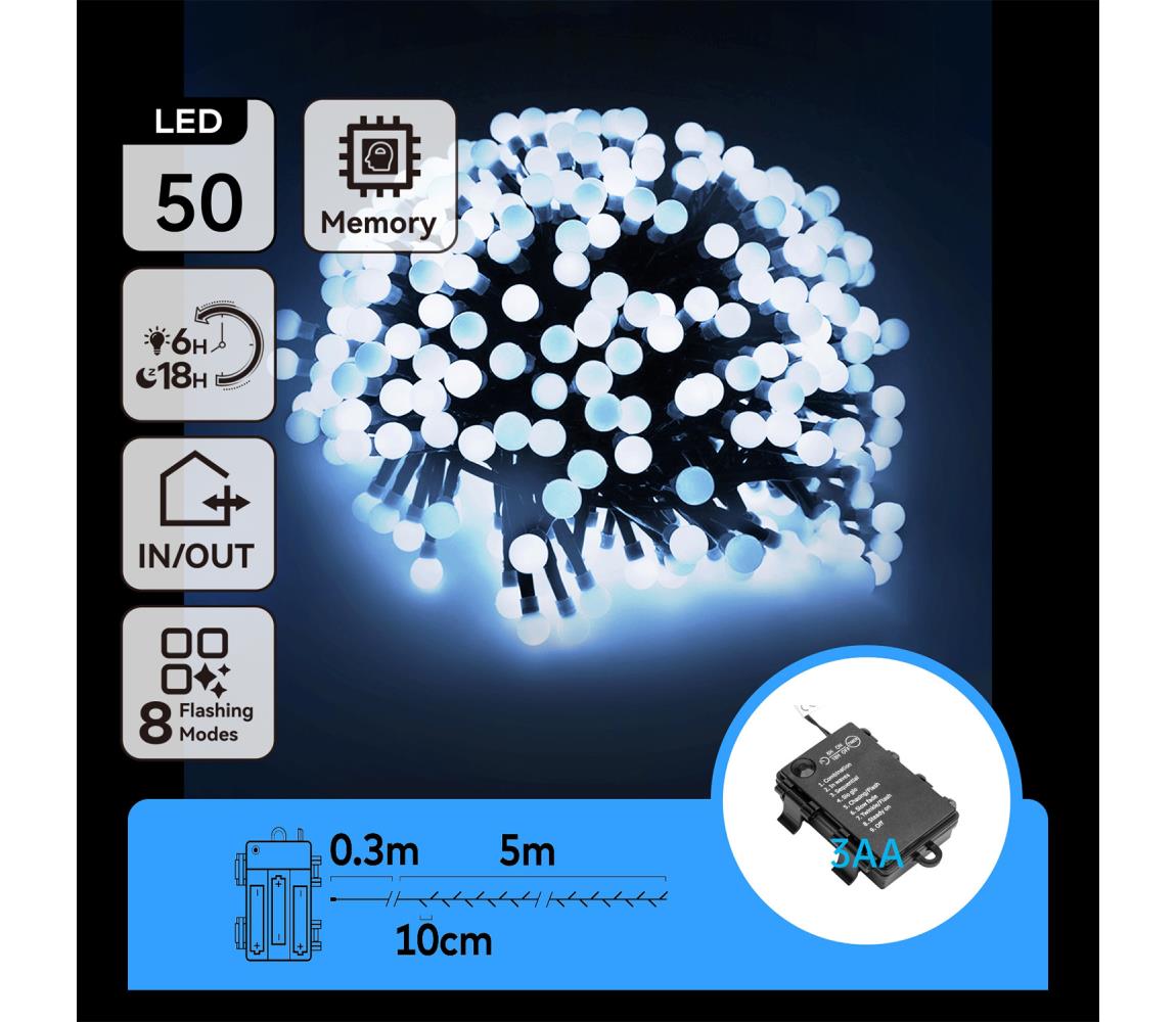 B.V. - vonkajšia LED reťaz, 50 LED, 8 funkcií, 3×AA, 5,3 m, IP44, studená biela B10303K5K