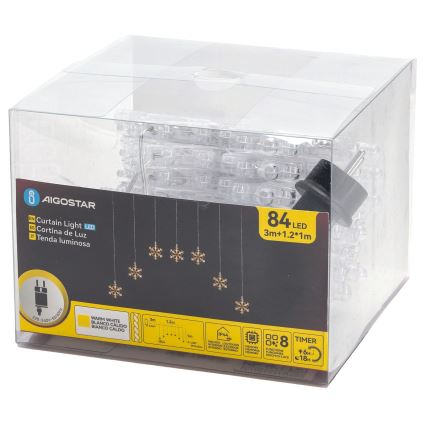 Aigostar - Vonkajšia LED reťaz 84×LED / 8 funkcií, 1,2×1 m, IP44, teplá biela, vločky