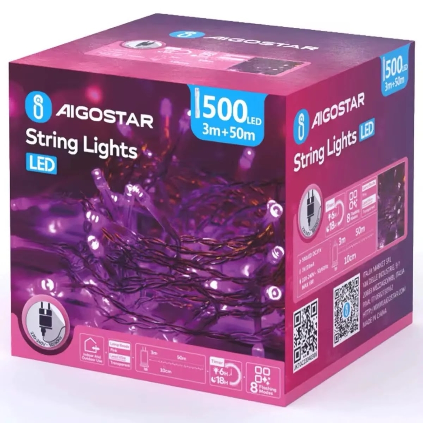 Aigostar - LED vonkajší vianočný reťazec 500xLED/8 funkcií 53m IP44 ružová
