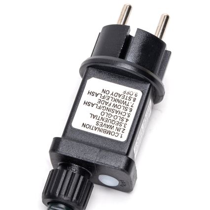 Svetelný ovládač s dvojpólovou zástrčkou zobrazuje osem svetelných režimov: kombinácia, vlny, sekvenčné, pomalé žiarenie, pomalé zhasínanie, prenasledovanie/blesk, blikanie/blesk a stále svietenie.