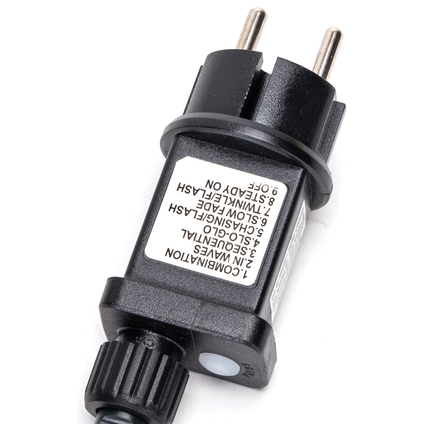 Svetelný ovládač s dvojpólovou zástrčkou zobrazuje osem svetelných režimov: kombinácia, vlny, sekvenčné, pomalé žiarenie, pomalé zhasínanie, prenasledovanie/blesk, blikanie/blesk a stále svietenie.