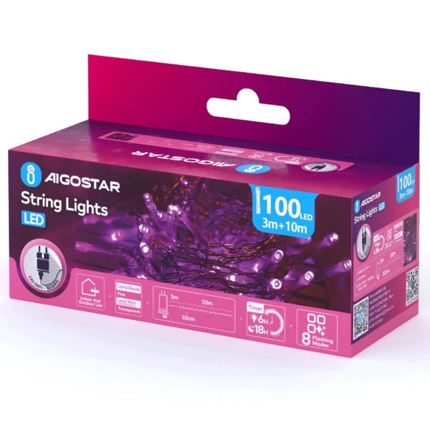 Aigostar - vonkajšia vianočná LED reťaz 100xLED/8 funkcií 13 m IP44 ružová
